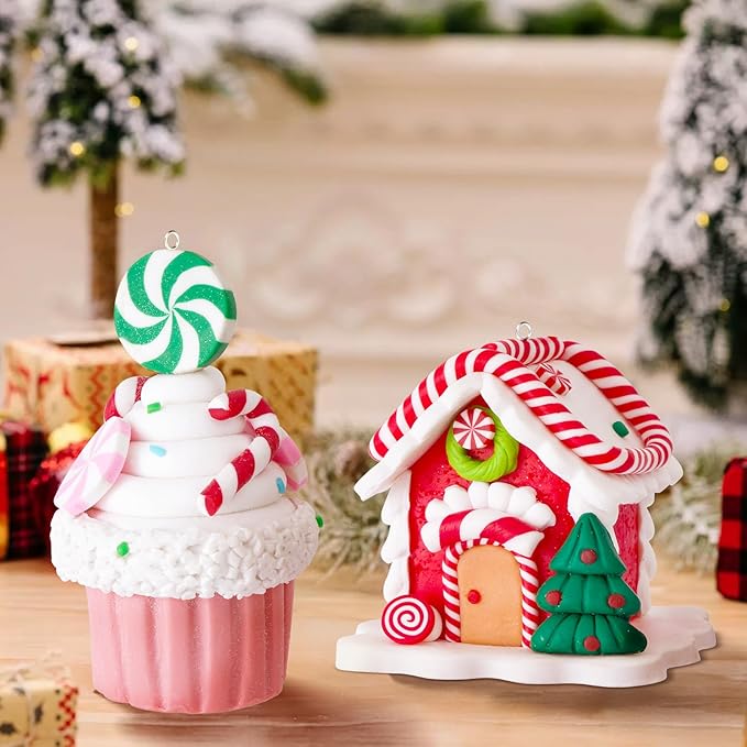 Set of 2 Christmas Tree Decorations, Candy House & Ice Cream Christmas Ornaments, Claydough Xmas Hanging Decor for New Year Party Wedding Home