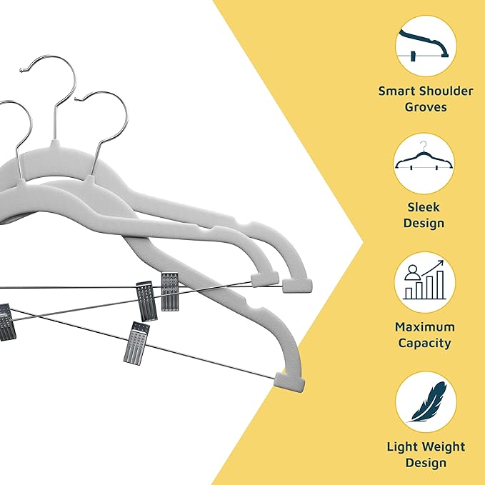 Velvet Skirt Hangers – with Adjustable Clips, 360 Degree Swivel Hook, and Non-Slip Shoulder Notch, Holds Up to 10 lbs, for Organizing Skirt, Pants, Dress, and Clothes, Pack of 50, White