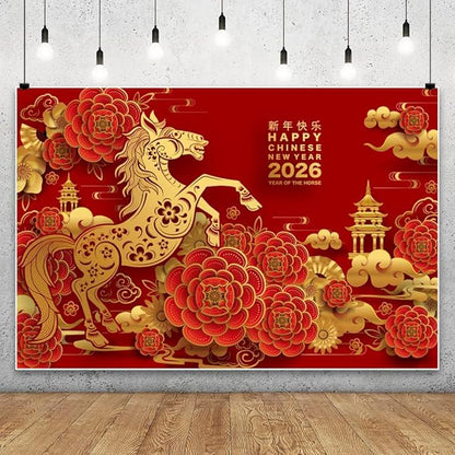 Renaiss 7x5ft Happy Chinese New Year 2026 Backdrop Year of The Horse Spring Festival Photography Background Gold Horse Flowers Lantern Festival New Year's Eve Party Decor CNY Photo Booth Props