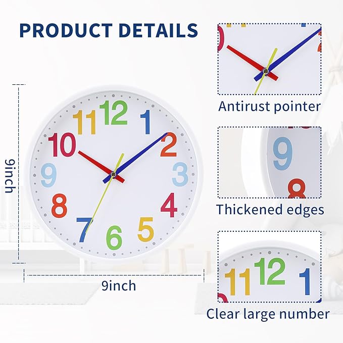Time Teaching Clock Silent Wall Clock for Kids Learning Time, Silent Non-Ticking Quartz Decorative Wall Clock for Teacher's Classrooms Or Children's Bedrooms 9 Inch