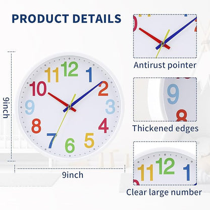 Time Teaching Clock Silent Wall Clock for Kids Learning Time, Silent Non-Ticking Quartz Decorative Wall Clock for Teacher's Classrooms Or Children's Bedrooms 9 Inch