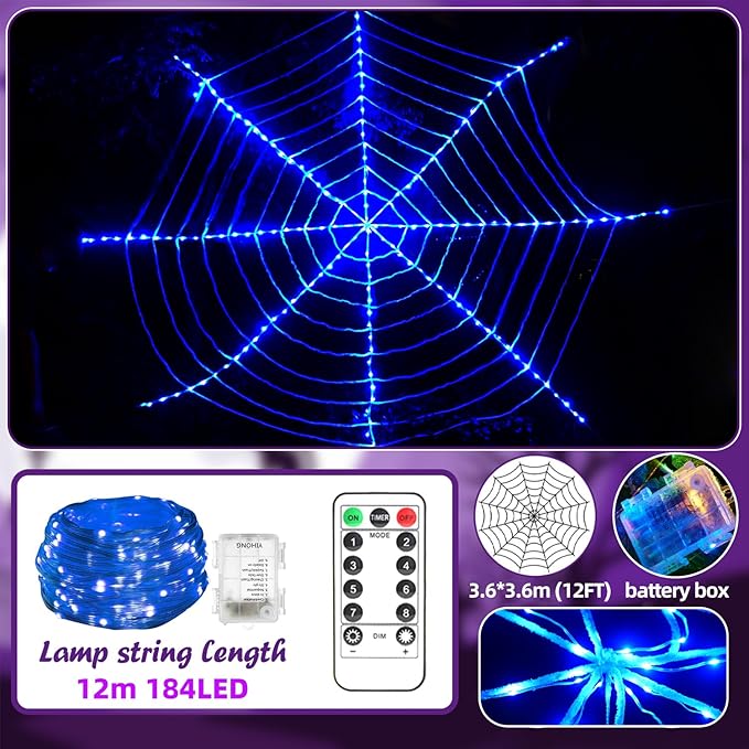 184 LED Halloween Spider Web Lights Decor, 3.6 m Giant Round Net Lights with Remote Control (8 Modes & Timer), Net Light Decoration for Window Garden Indoor Outdoor - Blue