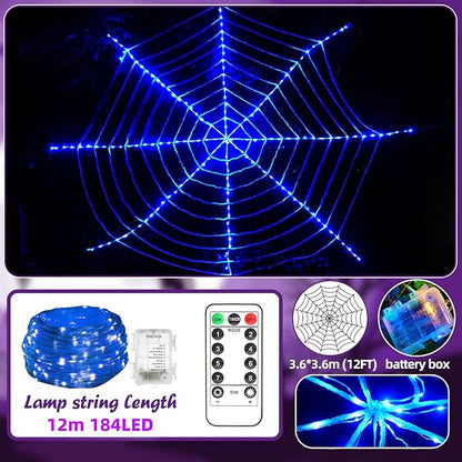 184 LED Halloween Spider Web Lights Decor, 3.6 m Giant Round Net Lights with Remote Control (8 Modes & Timer), Net Light Decoration for Window Garden Indoor Outdoor - Blue