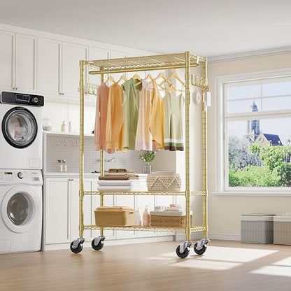 VIPEK R3 Heavy Duty Clothes Rack with Lockable Wheels, Rolling Portable Closet with Adjustable Shelves & Hanging Rod & Side Hooks, Compact Space-Saving Storage for Small Apartments/Dorms (Gold)