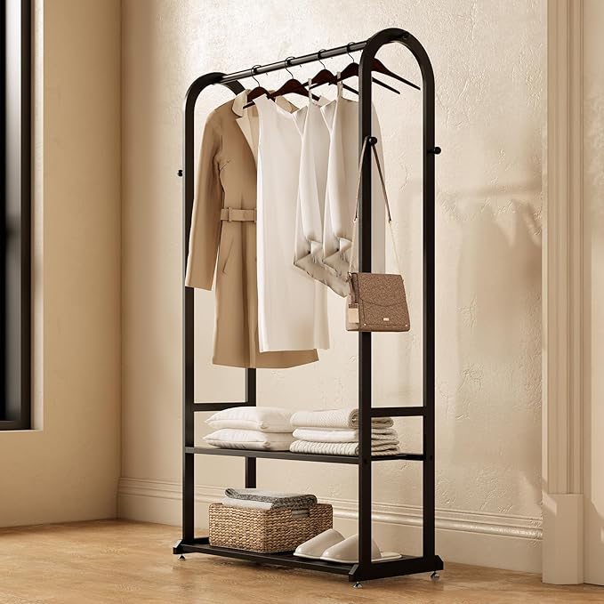 Sturdy heavy duty clothes rack,Black clothing rack with bottom shelves and 6 side hooks,Metal garment rack for hanging clothes,Wardrobe rack for Bedroom