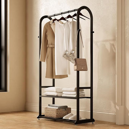 Sturdy heavy duty clothes rack,Black clothing rack with bottom shelves and 6 side hooks,Metal garment rack for hanging clothes,Wardrobe rack for Bedroom