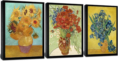 Black Framed Sunflowers- Irises Flower Vase Vincent Van Gogh Art Reproduction, Giclee Canvas Prints Wall Art for Home Decor 12"x16"