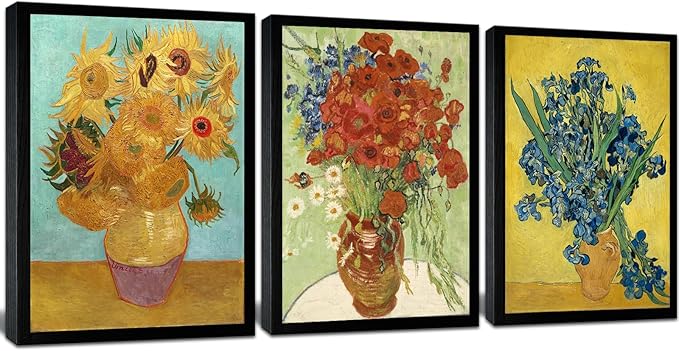 Black Framed Sunflowers- Irises Flower Vase Vincent Van Gogh Art Reproduction, Giclee Canvas Prints Wall Art for Home Decor 16"x24"