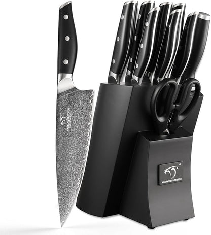 Damascus Knife Set with Block for Kitchen, VG10 Steel Chef Knife Set with Triple-Rivet Handles, Knife Sharpener, Natural Ash Wooden Knife Block, 10PCS