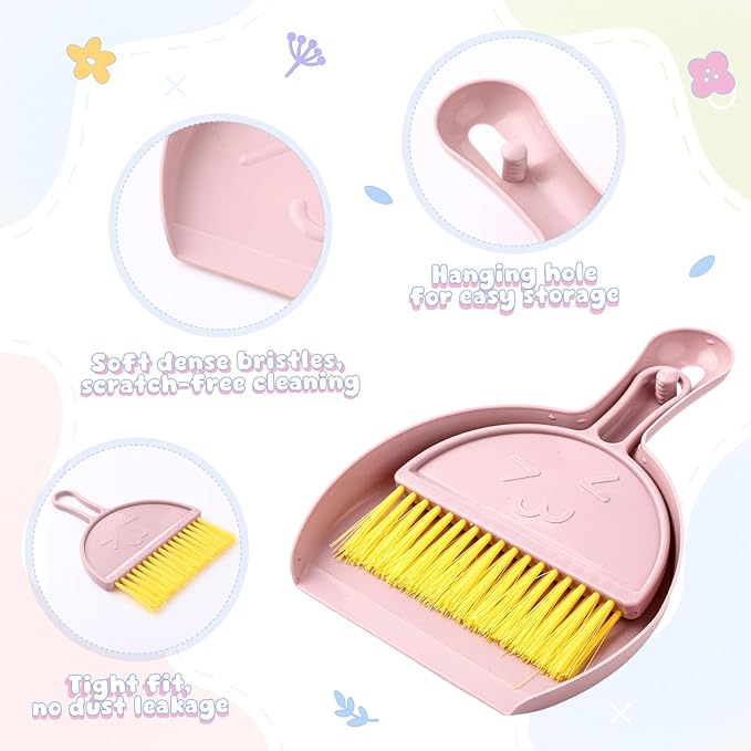 LemonRoad 24 Pcs Mini Broom and Dustpan Set with Handle, Nesting Tiny Cleaning Broom, Hangable, Back to School Supplies, for Classroom, Office, Desk, Car, Kitchen, Camping, Pet Area, 3 Colors