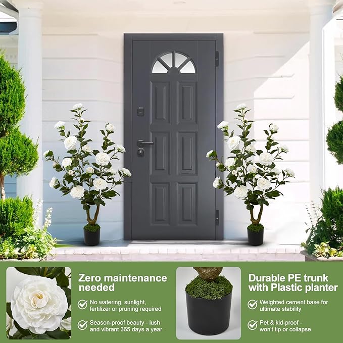40" Artificial Camellia Tree 2 Pack,Faux Floral Plant Fake Trees with White Blooming Flowers,Artificial Plants Greenery Potted Plant for Outdoor Indoor Home Porch Decor