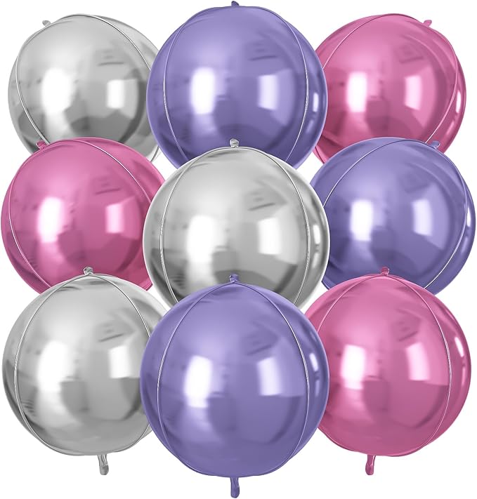 Pink Purple Silver Round Foil Balloons 9 pcs,Metallic Giant 4D Round Balloons 22 Inch for Birthday Baby Shower Wedding Princess Party Decorations