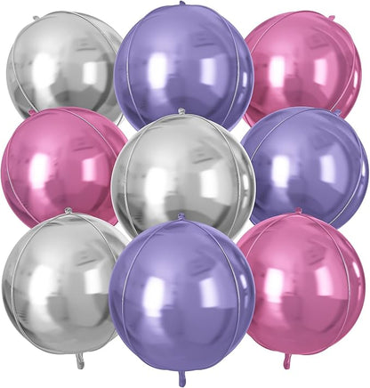 Pink Purple Silver Round Foil Balloons 9 pcs,Metallic Giant 4D Round Balloons 22 Inch for Birthday Baby Shower Wedding Princess Party Decorations