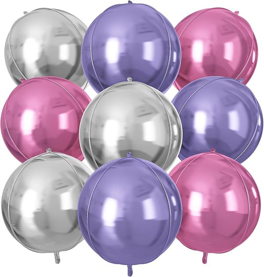 Pink Purple Silver Round Foil Balloons 9 pcs,Metallic Giant 4D Round Balloons 22 Inch for Birthday Baby Shower Wedding Princess Party Decorations