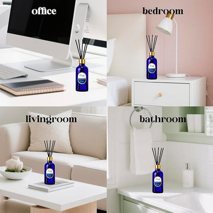 Reed Diffusers Set, 8 Oz Fresh Scented Diffuser, 6 Reed Diffuser Sticks, Home Fragrance Aromatherapy Oil Diffuser Reeds, Blue Bathroom & Office Decor 240 ml