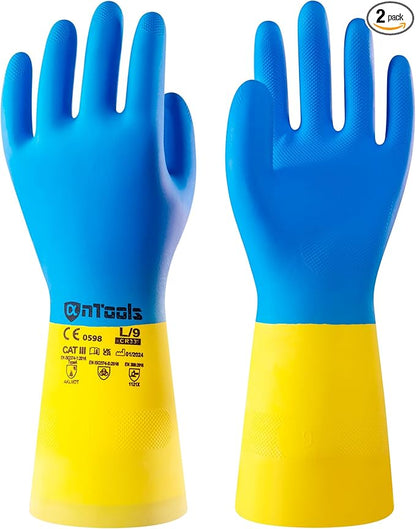 2 Pairs Neoprene and Rubber Blend Heavy-Duty Chemical Gloves, Protective industrial gloves for Resist Acid, Alkali, Hazmat, cleaning, dishwashing, Large