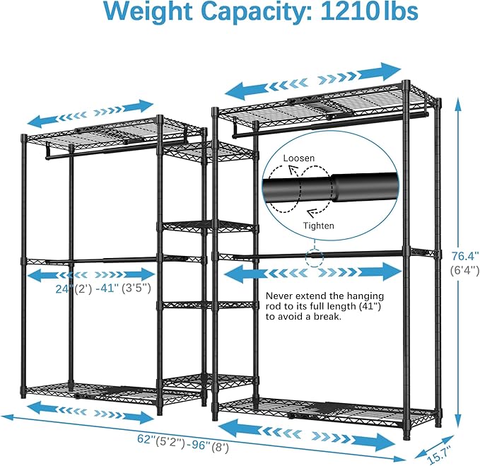 VIPEK X3 Expandable Heavy Duty Clothes Rack Adjustable from 5'2" to 8' with Adjustable Shelves and Hanger Rods, Large Freestanding Clothing Racks Reach-in & Walk-in Closet, Max Load 1210LBS, Black