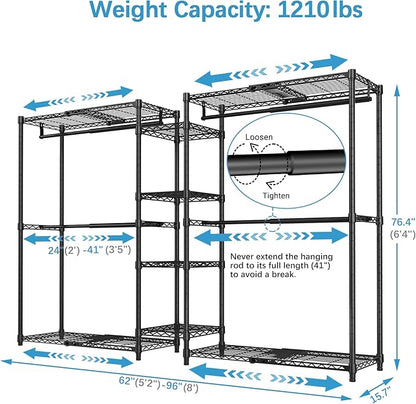 VIPEK X3 Expandable Heavy Duty Clothes Rack Adjustable from 5'2" to 8' with Adjustable Shelves and Hanger Rods, Large Freestanding Clothing Racks Reach-in & Walk-in Closet, Max Load 1210LBS, Black