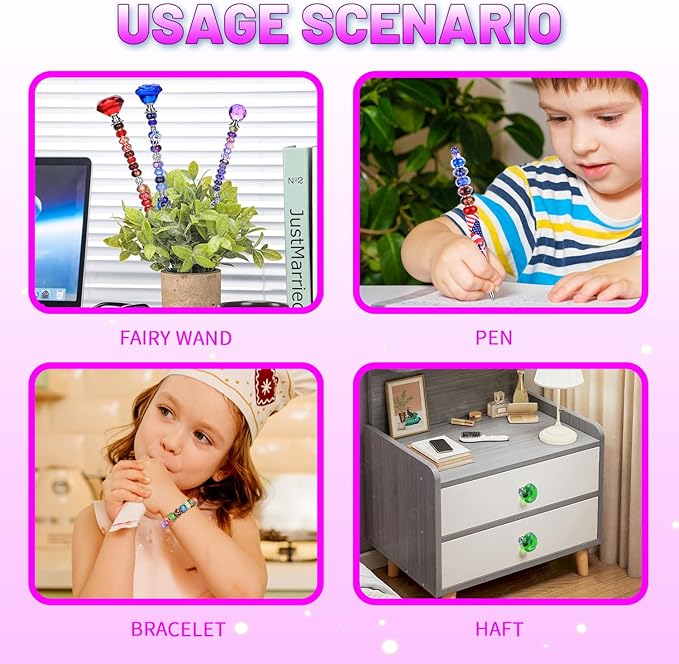 AIPRIDY 238 Pcs DIY Fairy Wand Garden Stakes Kit,Multiple Color Scheme European Beads Crystal Diamond Tops and 12 or 10 Inch Threaded Rods,Stainless Steel Stakes with Diamond Toppe (Rose Flower)