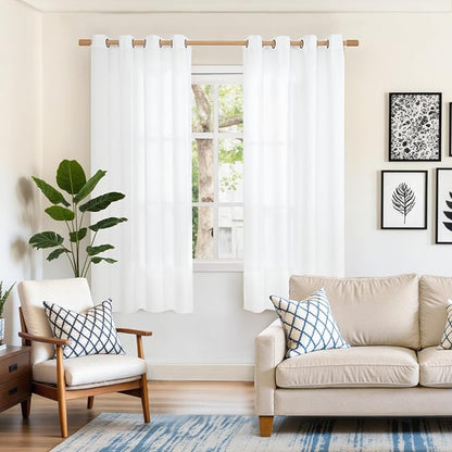 YoungsTex White Linen Curtains 68 Inch Length for Living Room, Light Filtering Semi Sheer Window Drapes with Bronze Grommet Privacy for Bedroom, 52 x 68 Inch, 2 Panels