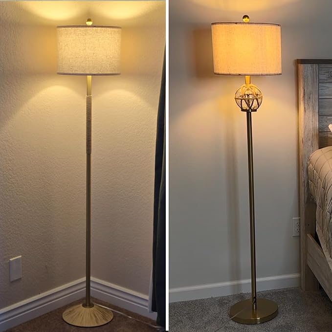 Oneach 61.5” Modern Floor Lamp for Living Room, Gold Boho Standing Lamp with Rattan Glass Design, Rotary Switch, Farmhouse Tall Lamps for Bedroom Office Dining Room (Without Bulb)