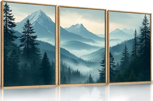 Large Misty Mountain Forest Framed Canvas Wall Art,Nature Pine Tree Wall Decor,Foggy Snow Woodland Wall Painting,Watercolor Scenery Artwork for Living Room,Bedroom,Dining Room,Office -16"x24"x3