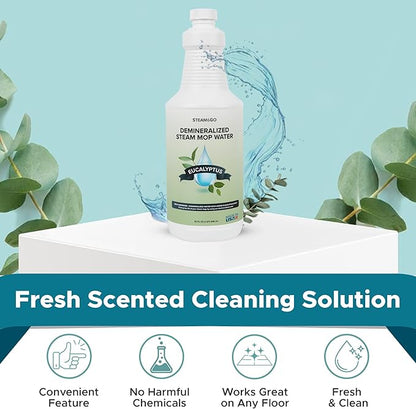 Steam & Go Demineralized Water Cleaning Solution for Floor & Multi-Surface Steam Cleaners - Compatible for All Steam Mops - Eucalyptus Mint Scent, 32 oz, Pack of 6