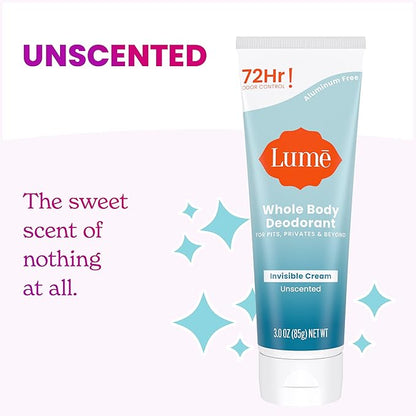 Lume Whole Body Deodorant - Invisible Cream Tube - 72 Hour Odor Control - Aluminum Free, Baking Soda Free, Skin Safe - 3.0 ounce (Pack of 2) (Unscented)