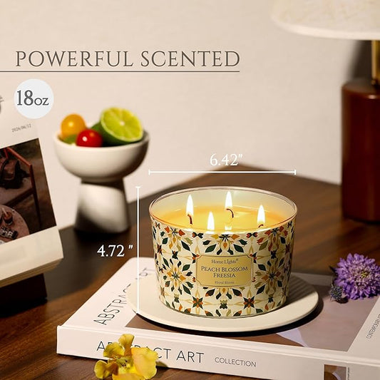 HomeLights Soy Wax Candles for Home Scented, 4-Wick Candles in Peach Blossom Freesia Scented, Aromatherapy Candles Gift for Parties, Relaxing, Bohemian Natural Textures, 18oz