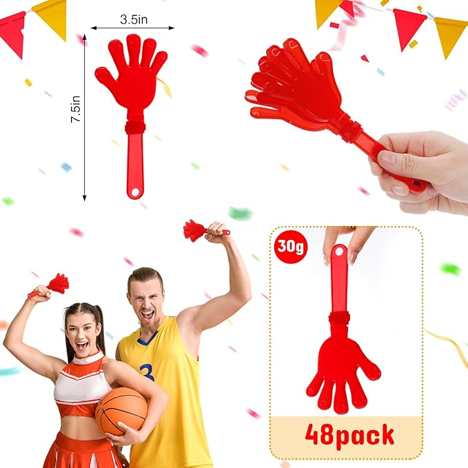 Junkin 48 Pcs Hand Clappers Bulk 7. 5 x 3. 5 Inches Noise Makers Party Favors Clapping Noise Maker Clacker for Birthdays Game Prizes Rewards Football Sporting Events Cheers Supplies (Red)