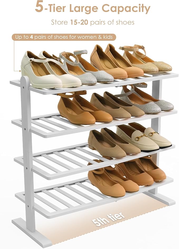 Varhomax White Shoe Rack, 4-Tier Bamboo Shoe Rack Organizer for Closet and Entryway, Thick Wooden Free Standing Shoe Shelf for Small Spaces, Sturdy & Versatile for Bedroom and Garage