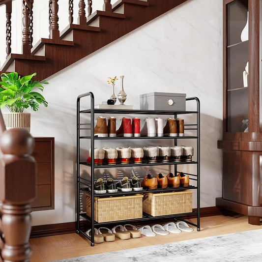 SUFAUY Shoe Rack for Closet, 5 Tier 33" Wide Shoe Storage Shelf for Entryway Bedroom, Stackable, Metal Frame, Black