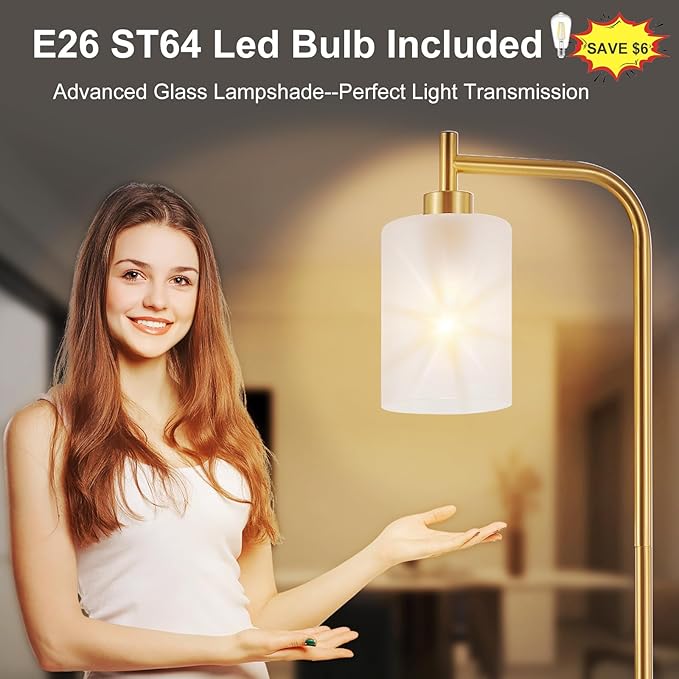 DLLT Floor Lamp Tall for Room: Gold Standing Lamp with Frosted Glass Lampshade for Living Room - Modern Bright Lamp for Bedroom - Industrial Corner Floor Lamps for Office 8W Led Bulb Included