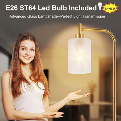 DLLT Floor Lamp Tall for Room: Gold Standing Lamp with Frosted Glass Lampshade for Living Room - Modern Bright Lamp for Bedroom - Industrial Corner Floor Lamps for Office 8W Led Bulb Included