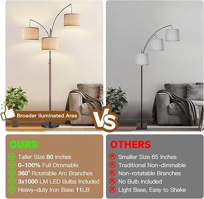 Dimmable Floor Lamp, 3 Lights Brown Arc Floor Lamps for Living Room, Modern Tall Standing Tree Lamp with Beige Linen Shade & Heavy Base, Large Floor Lamp for Bedroom Office, 3x1000 LM Bulbs Included
