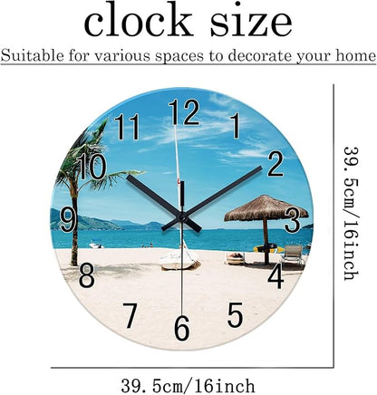 XFM Summer Beach Wall Clock 16 Inch Silent Non-Ticking Battery Operated Glass Clocks Tropical Hawaii Coastal Wall Clock for Living Room Bedroom Home Office Decor