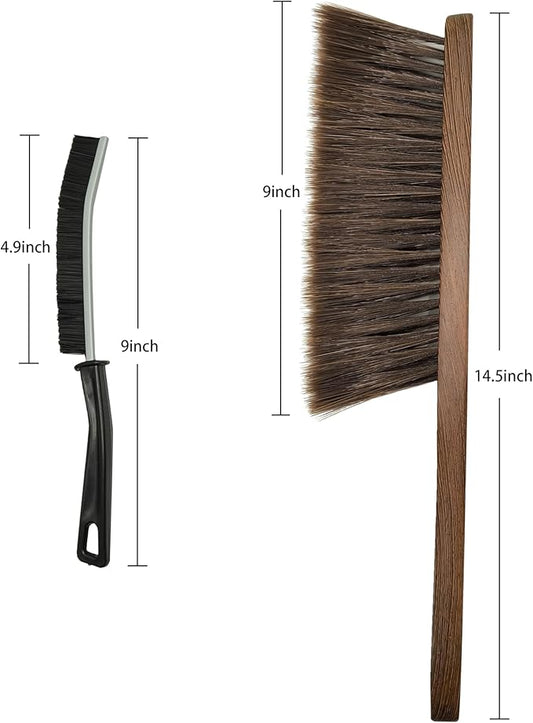Wooden Dusting Brush and Crevice Cleaning Brush Set, Hand Broom Brush, Soft bristles,for Bed, Clothes, Sofa, Fireplace, Outdoor, Car Seat Use (Brown)