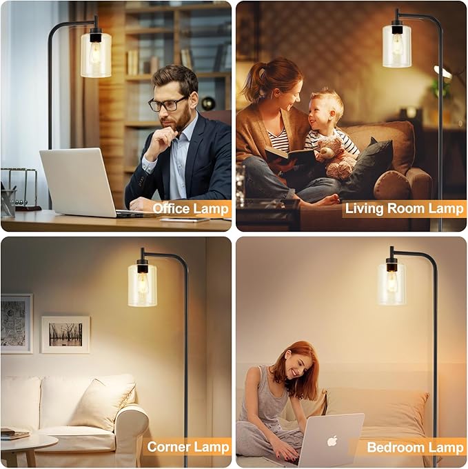 DLLT Floor Lamp Tall for Room: Black Standing Lamp with Clear Glass Lampshade for Living Room - Modern Bright Lamp for Bedroom - Industrial Corner Floor Lamps for Office 8W Led Bulb Included