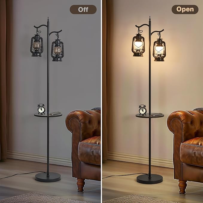 Farmhouse Floor lamp with Table, Double Head Vintage Floor Lantern, Standing lamp for Living Room，Bedroom, Rustic Floor Lamp with Black Finish