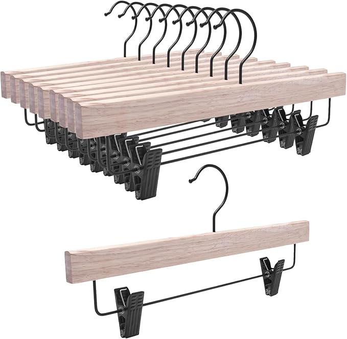 Nature Smile Deluxe Wooden Pants Hangers,Solid Rubber Wood Jeans Skirt Hanger Without Painting,with Adjustable Black Clips and Rotatable Hook,Pack of 10(Natural unvarnished)