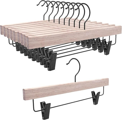 Nature Smile Deluxe Wooden Pants Hangers,Solid Rubber Wood Jeans Skirt Hanger Without Painting,with Adjustable Black Clips and Rotatable Hook,Pack of 10(Natural unvarnished)