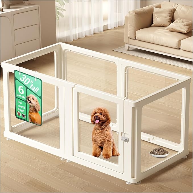 Transparent 6-Panel Dog Playpen, Acrylic Indoor/Outdoor Puppy Pen for Small & Medium Dogs, 30 Inch with Door, White(Fully Transparent 50 * 26 Single Room,30 inch)