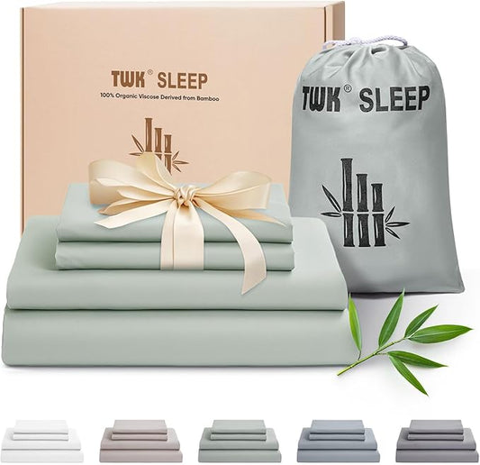 TWK Luxury Sheet Set, Genuine 100% Organic Viscose Derived from Bamboo, Cooling & Breathable, Silky Soft, Bedding Sheets & Pillowcases (Sea Glass, Queen)