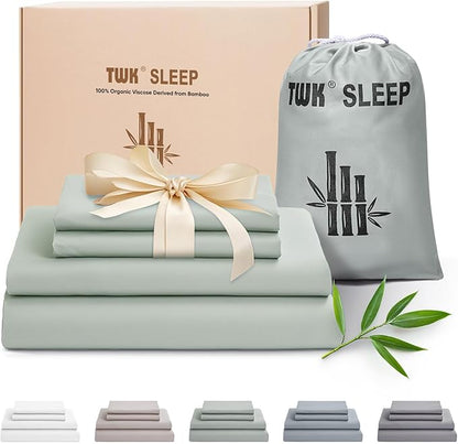 TWK Luxury Sheet Set, Genuine 100% Organic Viscose Derived from Bamboo, Cooling & Breathable, Silky Soft, Bedding Sheets & Pillowcases (Sea Glass, Full)