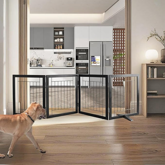 ZJSF Freestanding Dog Gate Indoor, Foldable Dog Fence for Doorways,Hallways or Stairs, Sturdy Wood Extra Wide Pet Gate with Support Feet,Black,24 "Height-4 Panels