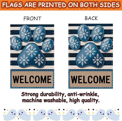 Fokongna Winter Welcome Garden Flag, Dog Paw Print Winter Christmas Decor Garden Flag, 12x18 Inch Burlap Vertical Double Sided Flags, for Home Yard Outside Decorations