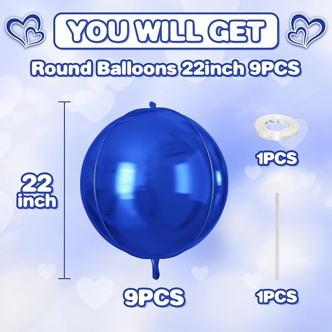 Royal Blue Round Foil Balloons 9 pcs,Blue Giant 4D Round Balloons 22 Inch for Wedding Graduation Birthday Party Decorations