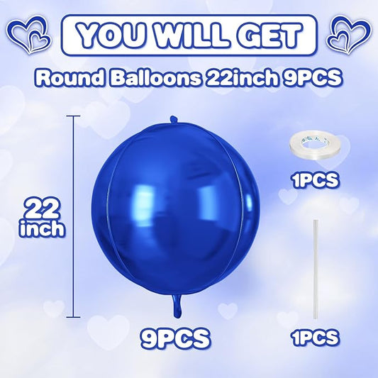 Royal Blue Round Foil Balloons 9 pcs,Blue Giant 4D Round Balloons 22 Inch for Wedding Graduation Birthday Party Decorations
