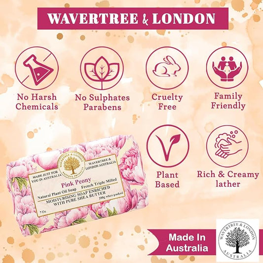 Wavertree & London Pink Peony Scented Natural Soap (8 Bars), 7oz Moisturizing French Triple Milled Soap Bars enriched with shea butter - Pure Plant Oil Bath & Body Bars for All Skin Types