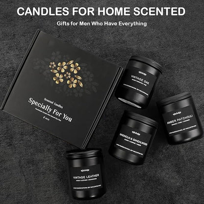 Scented Candles Gifts, Gift for Men, 4 Pack Candles Set, Soy Candle for Home Scented, Birthday Gifts Candle Set for Men Scents of Magnolia Sandalwood/Oak/Amber Patchouli/Leather
